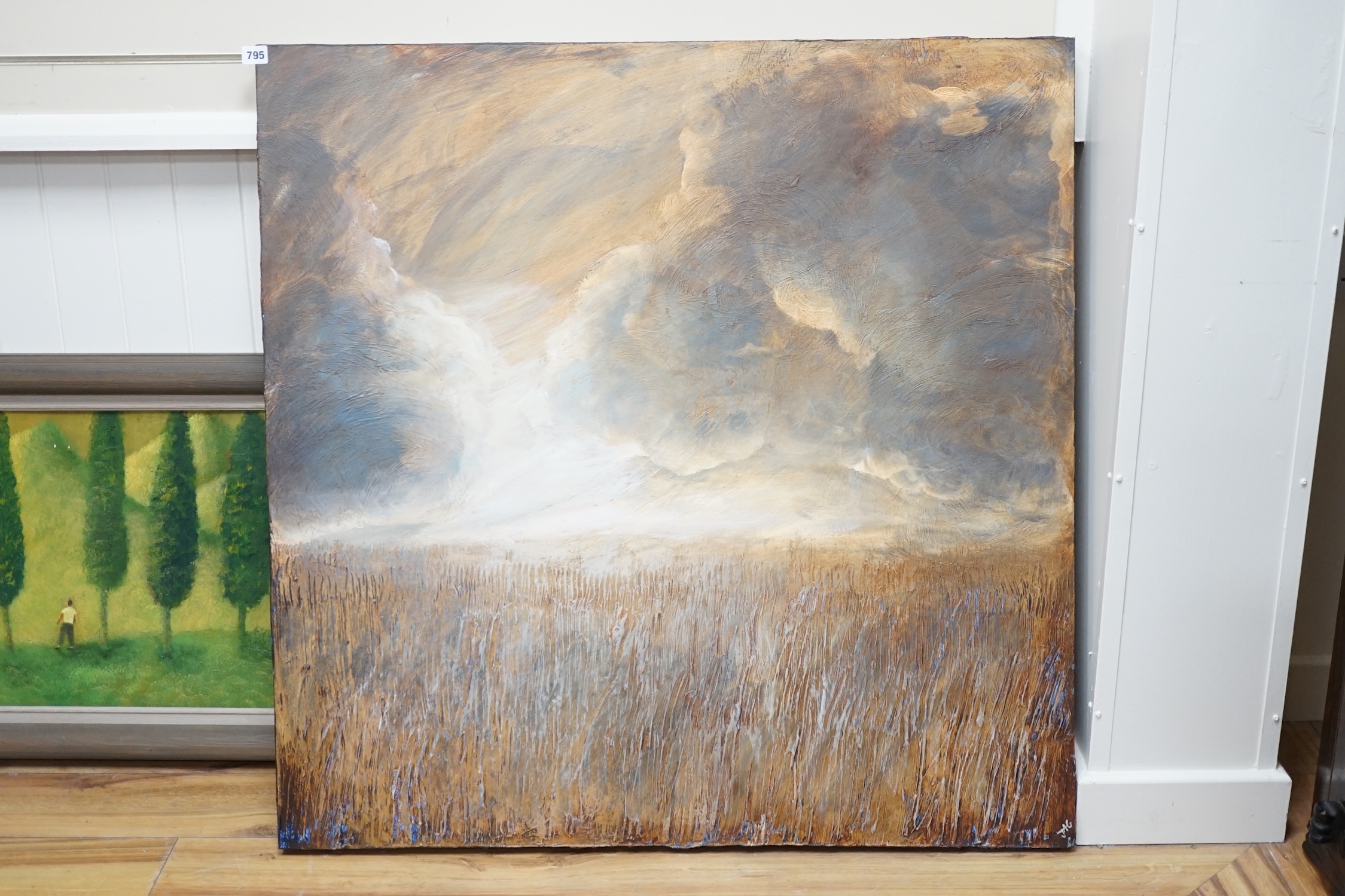 Julie Anne Gilbert (contemporary), oil on canvas, Storm over a field, signed with monogram, 100 x 100cm, unframed. Condition - good